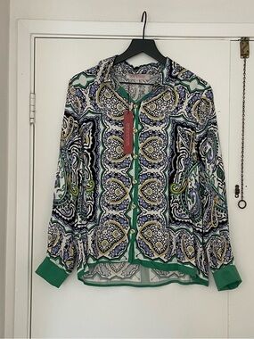 NWT • Rose & Thyme | Paisley Button-Up Blouse with Green Trim